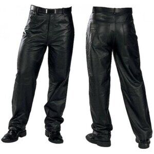 Men’s Heavy Duty Thick Cowhide Leather Motorcycle Jeans Trousures (Black)
